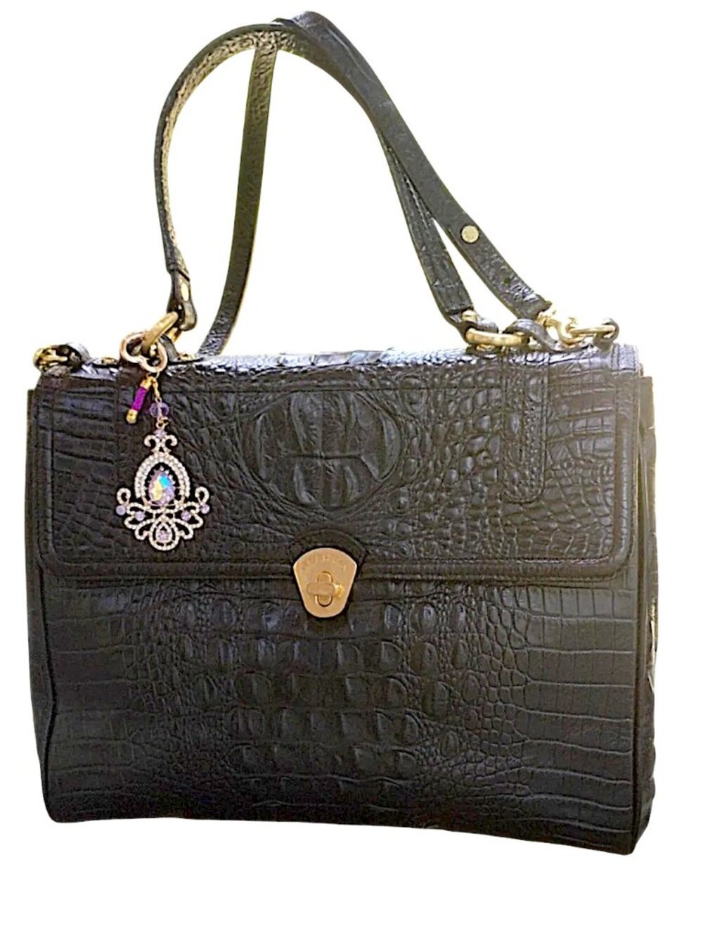 Brahmin Black Croc-Embossed 3 Compartment Messenger Bag/:Satchel❤️